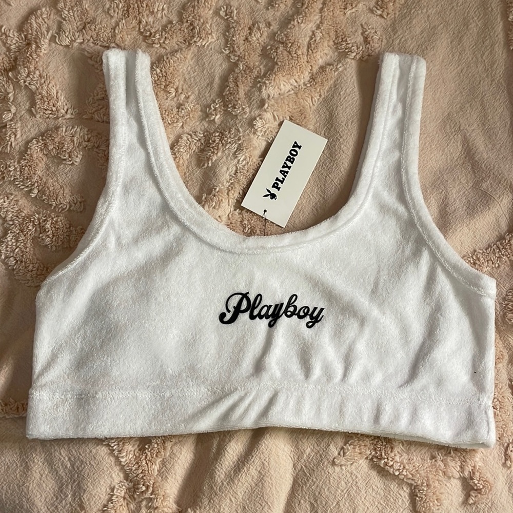PLAYBOY White Terry Crop Tank with Black Logo